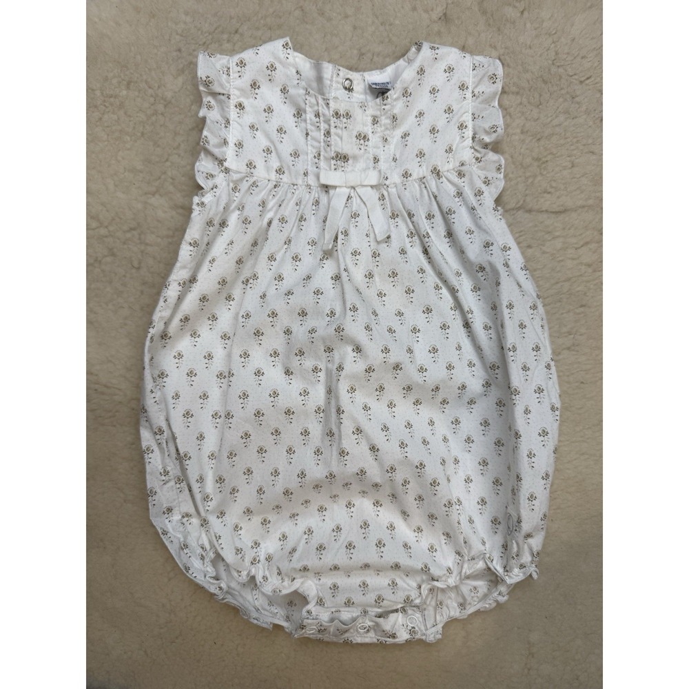 Petit Bateau Baby Girl 12M Ditsy Floral Romper Dress Ruffle Bow Cotton France